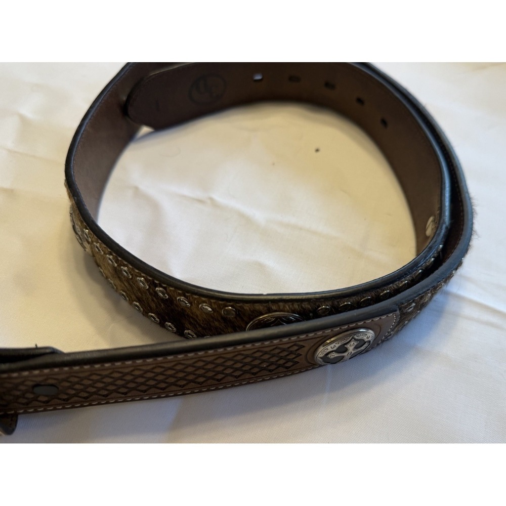 Genuine Leather Cow Hair Western Belt Brown With Rhinestones Silver Size 40